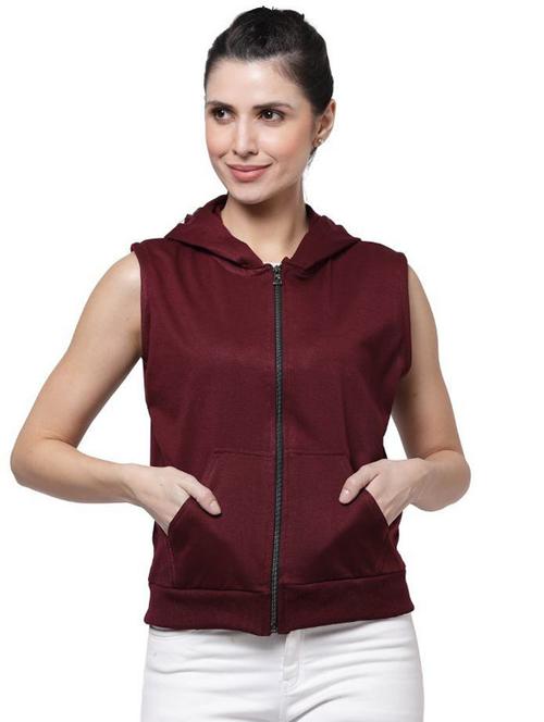 Women Maroon Solid Sleeveless Hooded Sweatshirt - 20501463 - Very Small Image - 1