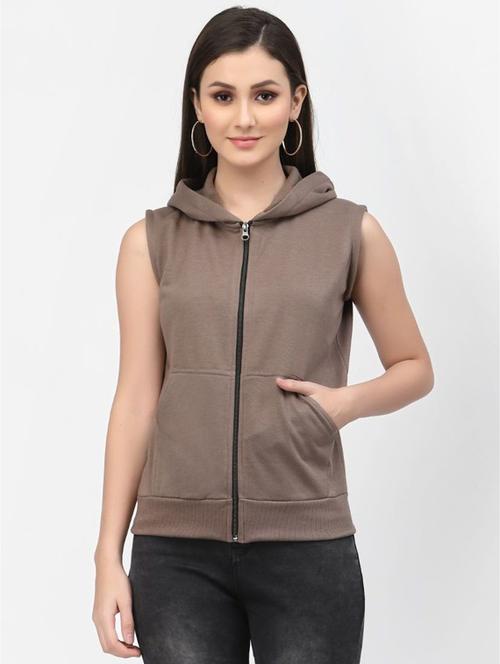 brown solid sleeveless hooded jacket - 20501472 - Very Small Image - 1
