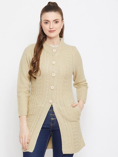 beige self designed woolen cardigan - 20507055 - Very Small Image - 1