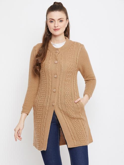 brown self designed woolen cardigan - 20507096 - Very Small Image - 1