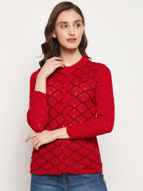 red self designed woolen cardigan - 20507239 - Very Small Image - 1