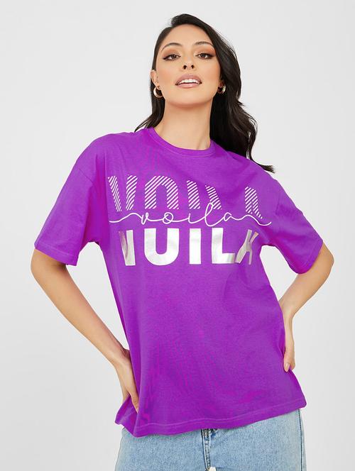 women typography printed magenta cotton oversized t-shirt - 20507581 - Very Small Image - 1