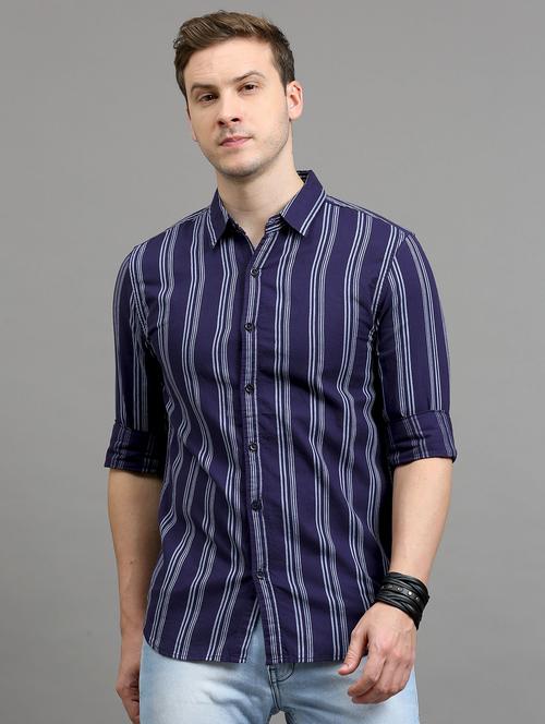 men vertical striped navy blue cotton slim fit casual shirt - 20508534 - Very Small Image - 1