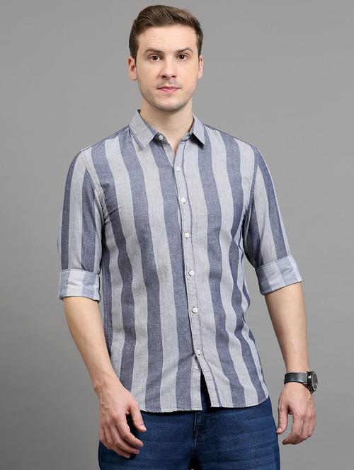 men vertical striped blue and white cotton slim fit casual shirt - 20508547 - Very Small Image - 1