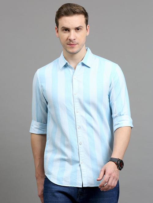 men vertical striped light blue and white cotton slim fit casual shirt - 20508548 - Very Small Image - 1