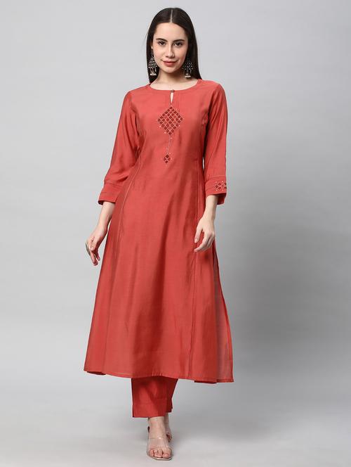 Orange Three Quarter Sleeve A-line Kurta - 20512825 - Very Small Image - 1