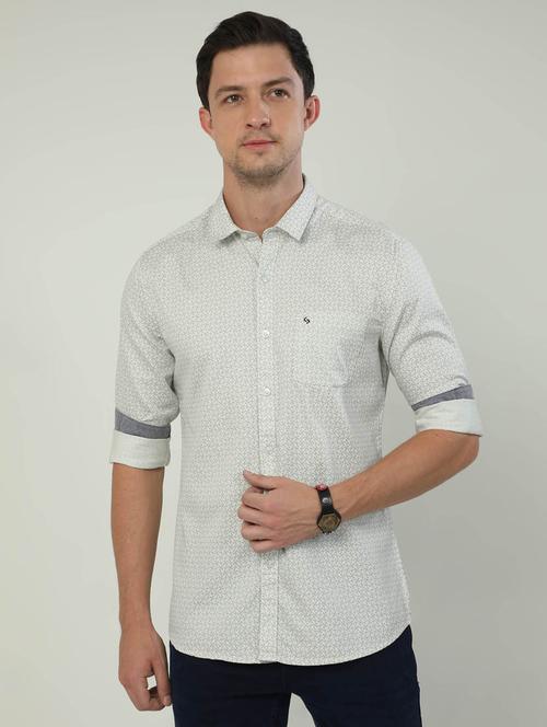 men micro printed off white cotton slim fit casual shirt - 20519612 - Very Small Image - 1