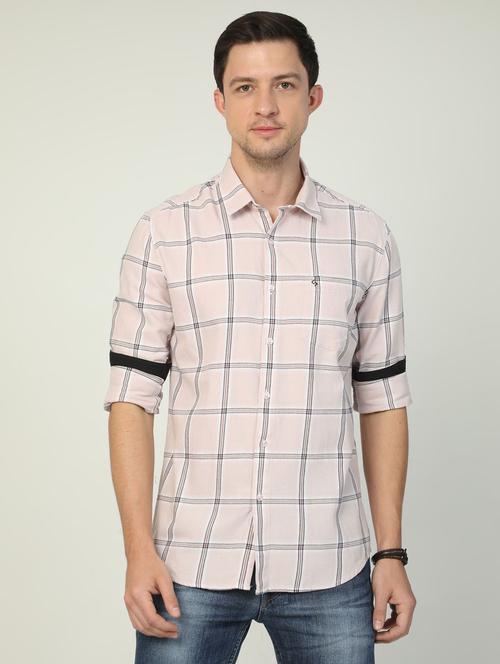 men windowpane checkered beige cotton slim fit casual shirt - 20519621 - Very Small Image - 1