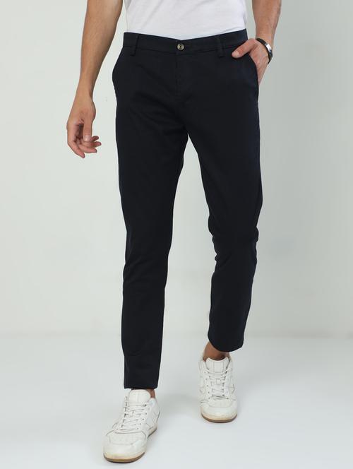men solid navy blue cotton slim fit casual trouser - 20519637 - Very Small Image - 1
