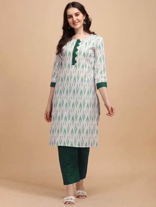 women white & green round neck kurta pant set - 20522007 - Very Small Image - 1