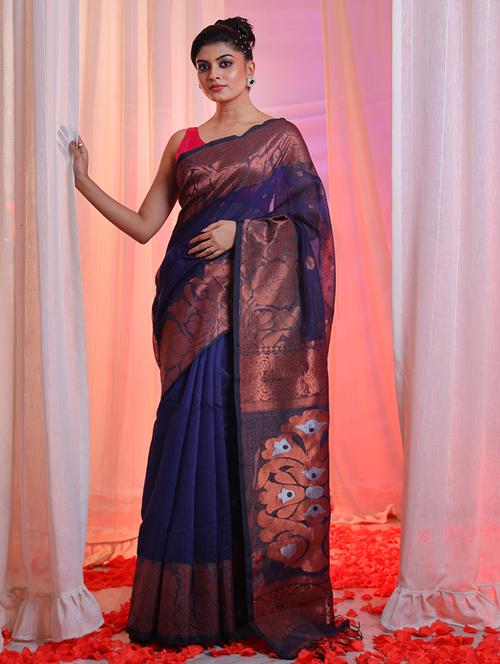 women's self design navy blue colored saree with blouse - 20522133 - Very Small Image - 1