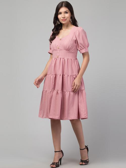 women solid puff sleeves tiered dress - 20533941 - Very Small Image - 1