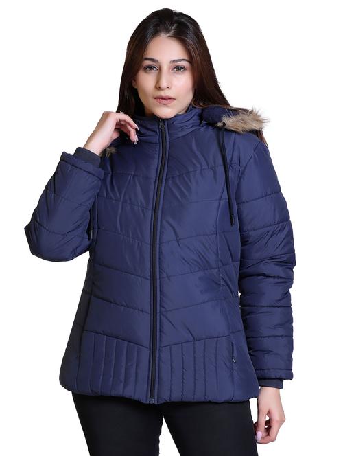 women navy blue nylon quilted hooded jacket - 20534036 - Very Small Image - 1