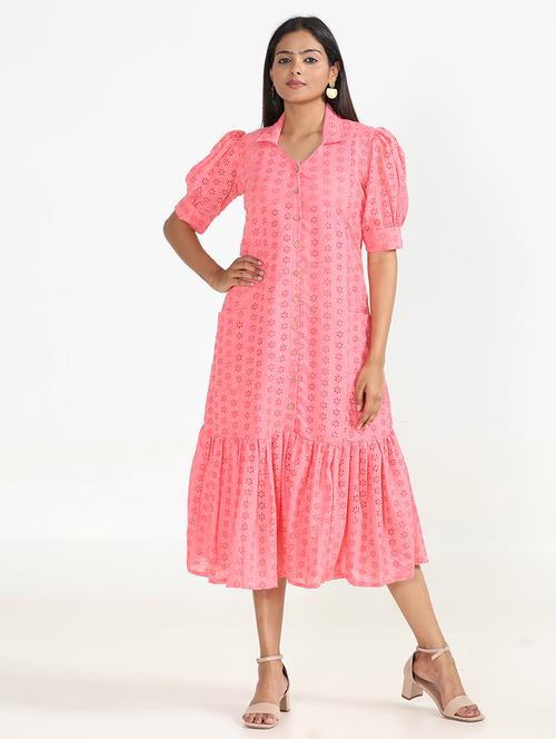 women pink schiffli fit & flare midi dress - 20534406 - Very Small Image - 1