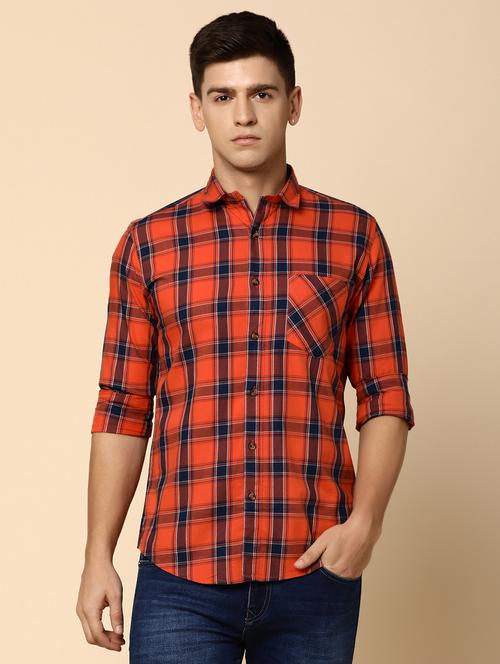 orange & navy blue checkered casual shirt - 20535119 - Very Small Image - 1