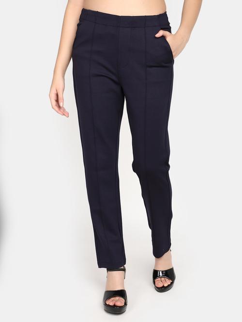 women solid navy blue flat front trouser - 20536306 - Very Small Image - 1