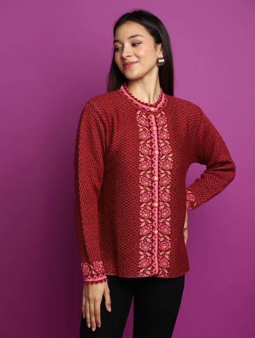 maroon self design cotton cardigan - 20536720 - Very Small Image - 1
