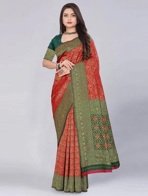 red silk blend banarasi saree - 20537172 - Very Small Image - 1