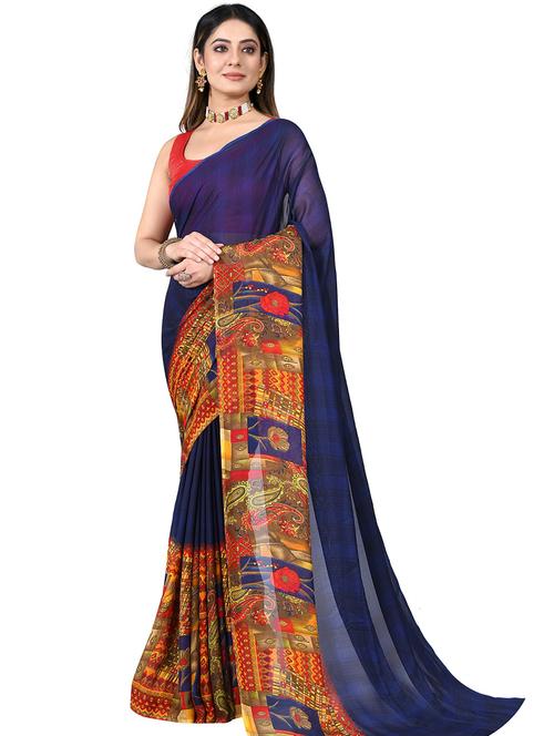 women's printed navy blue colored saree with blouse - 20537339 - Very Small Image - 1