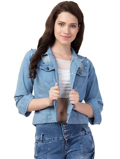 women light blue solids denim summer jackets - 20539873 - Very Small Image - 1
