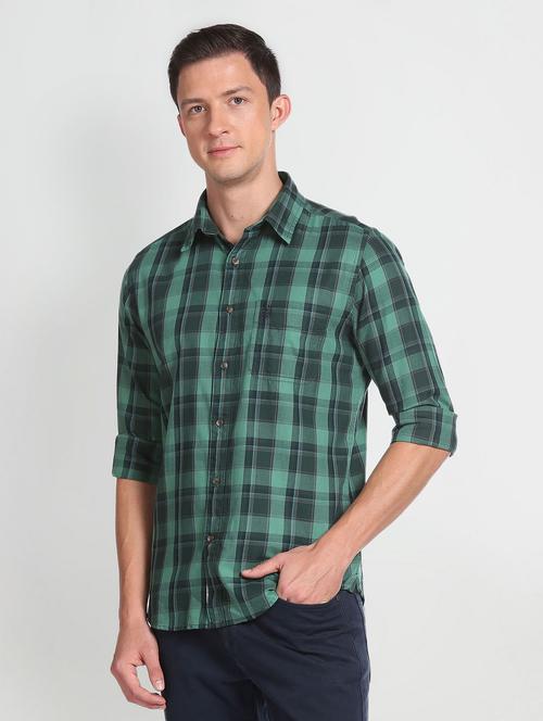 men tartan checkered green cotton slim fit casual shirt - 20544402 - Very Small Image - 1