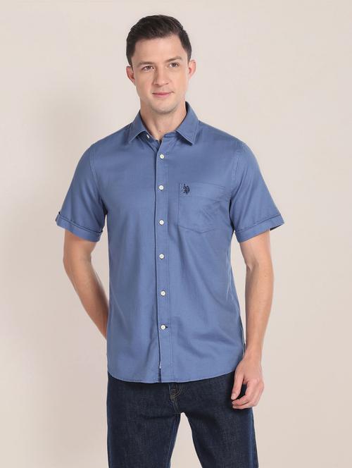 men solid navy blue cotton casual slim fit shirt - 20544641 - Very Small Image - 1