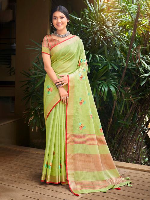 women's solid with work green colored saree with blouse - 20547517 - Very Small Image - 1