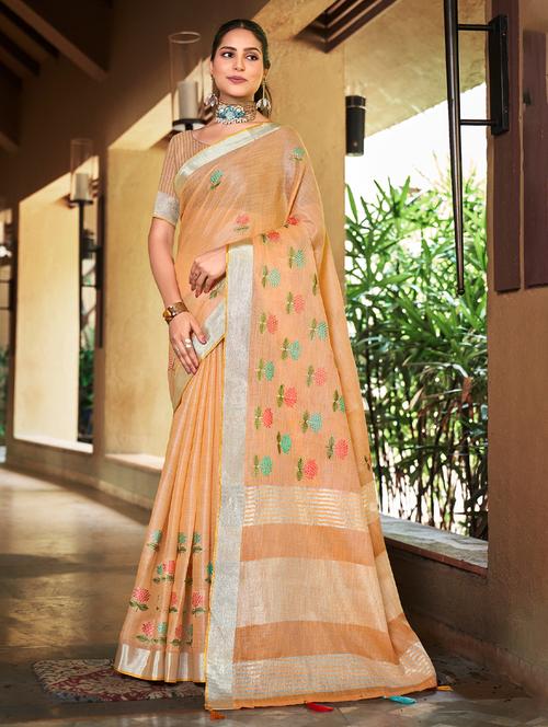 women orange handloom saree with blouse - 20547525 - Very Small Image - 1