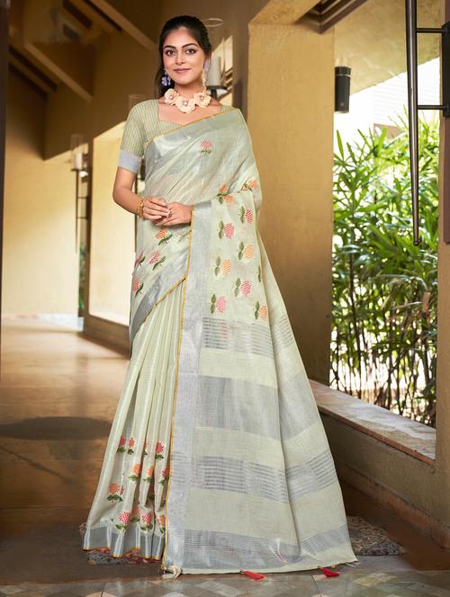 women's solid with work cream colored saree with blouse - 20547527 - Very Small Image - 1