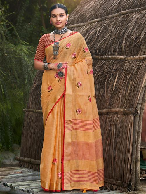 women's solid with work orange colored saree with blouse - 20547534 - Very Small Image - 1