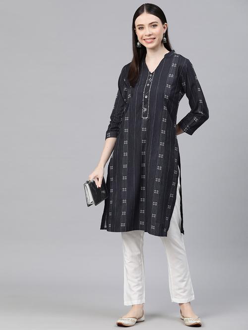 women navy blue self design straight kurta - 20556445 - Very Small Image - 1