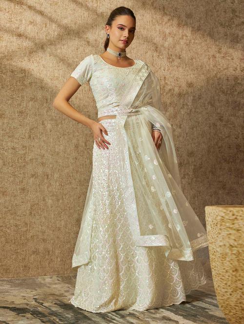 women cream sequined flared lehenga - 20560817 - Very Small Image - 1