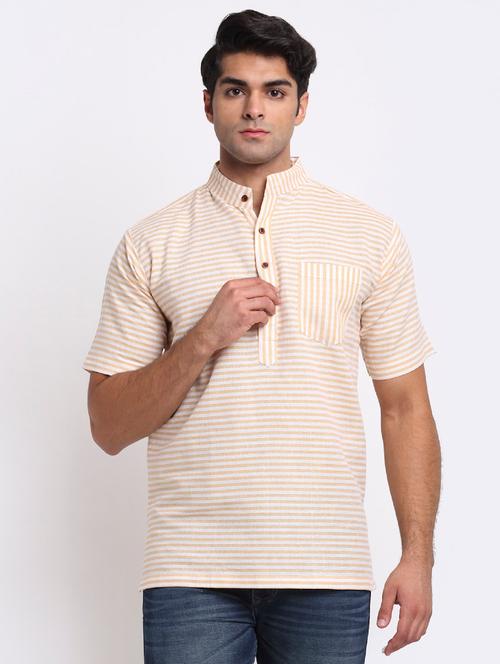 men yellow & white striped short kurta - 20560879 - Very Small Image - 1