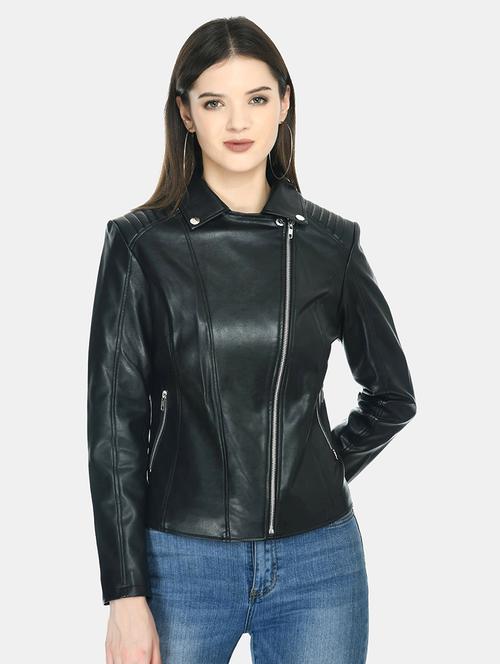 women lapel neck solid leatherette jacket - 20566254 - Very Small Image - 1