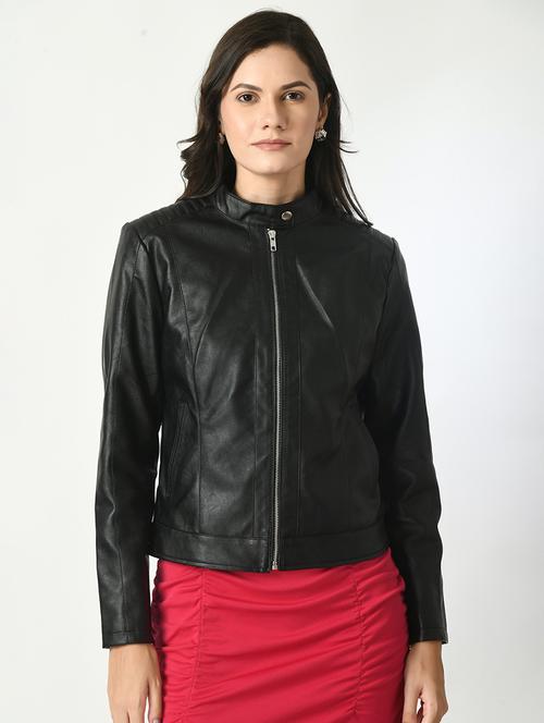 women overlap neck solid leatherette jacket - 20566263 - Very Small Image - 1