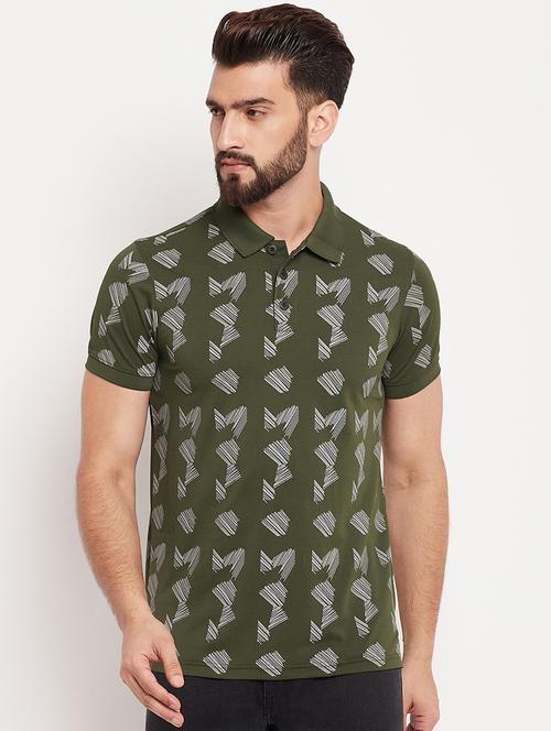 men olive green printed polo t-shirt - 20570774 - Very Small Image - 1