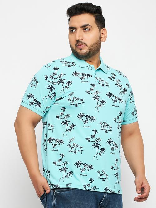 men turquoise printed plus size polo t-shirt - 20570890 - Very Small Image - 1