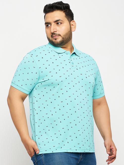 men turquoise printed plus size polo t-shirt - 20570909 - Very Small Image - 1
