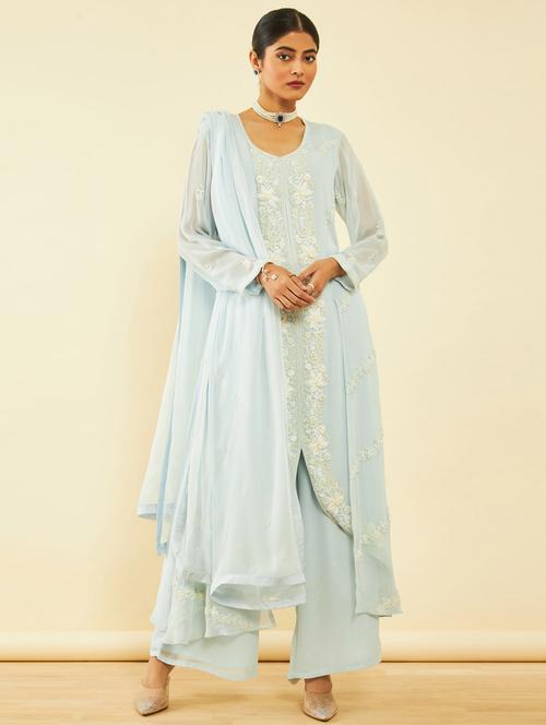 women purist blue kurta palazzo set with dupatta - 20572046 - Very Small Image - 1