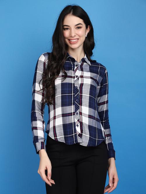 women blue checks print long sleeves shirts - 20572452 - Very Small Image - 1