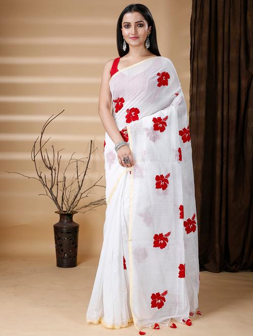 women's floral white colored saree with blouse - 20573065 - Very Small Image - 1
