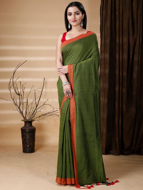 women's bordered olive colored saree with blouse - 20573086 - Very Small Image - 1