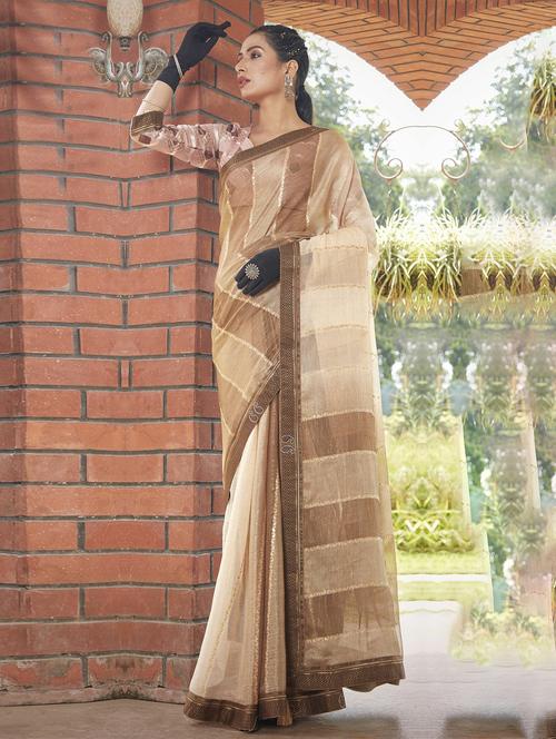 women brown printed bordered saree with blouse - 20584418 - Very Small Image - 1