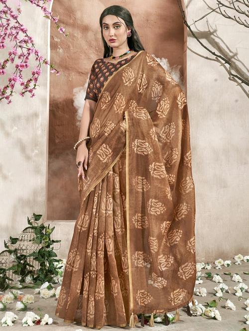 brown block print saree with blouse - 20584473 - Very Small Image - 1