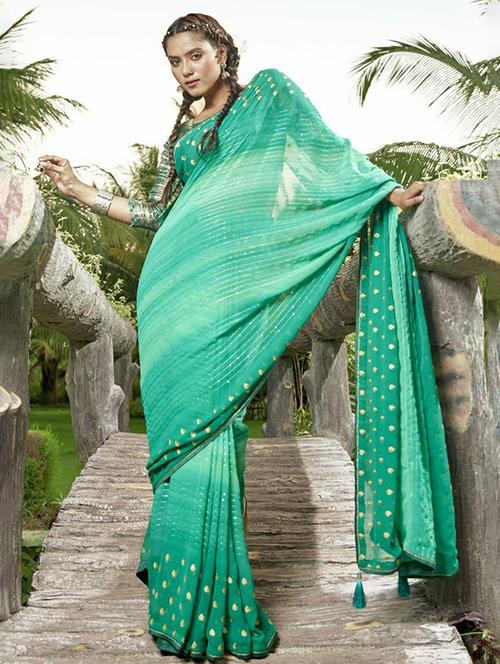 women's stripes sea green colored saree with blouse - 20584537 - Very Small Image - 1