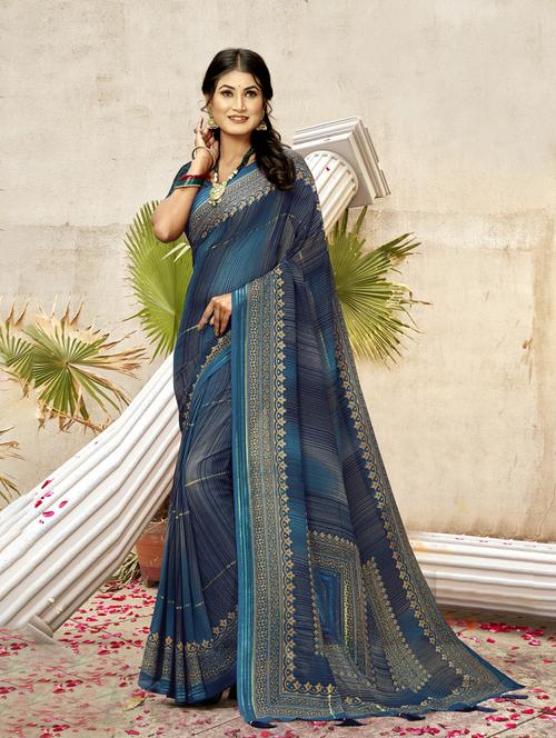stripes printed saree with tassels  - 20584830 - Very Small Image - 1