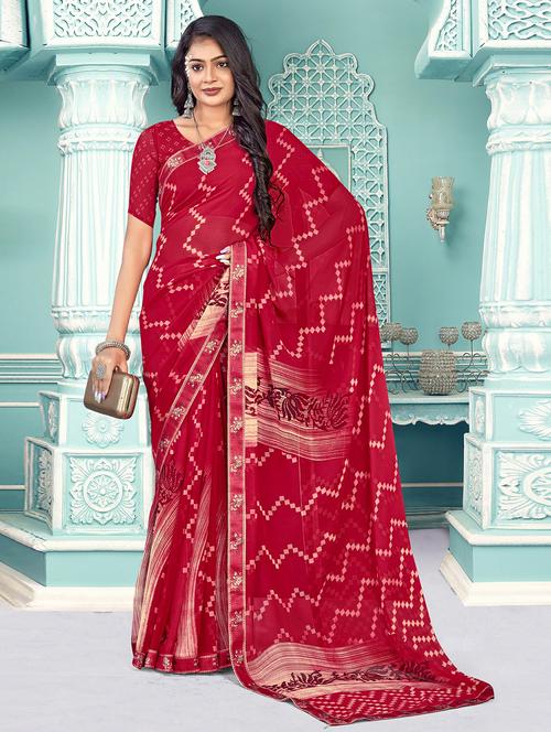 red georgette printed saree with blouse - 20585442 - Very Small Image - 1