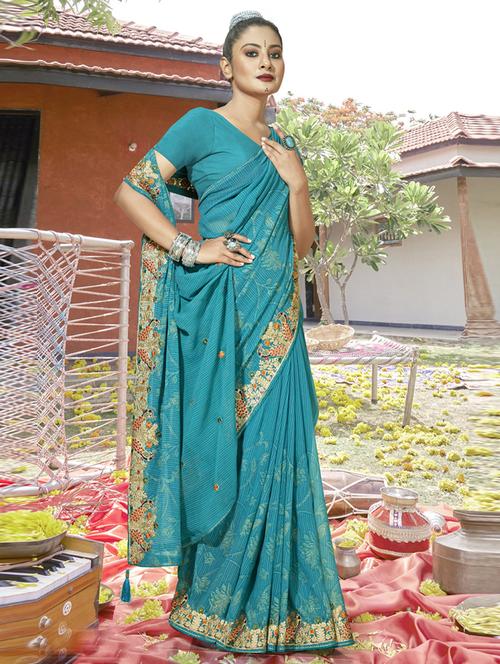 turquoise georgette printed saree with blouse - 20585989 - Very Small Image - 1