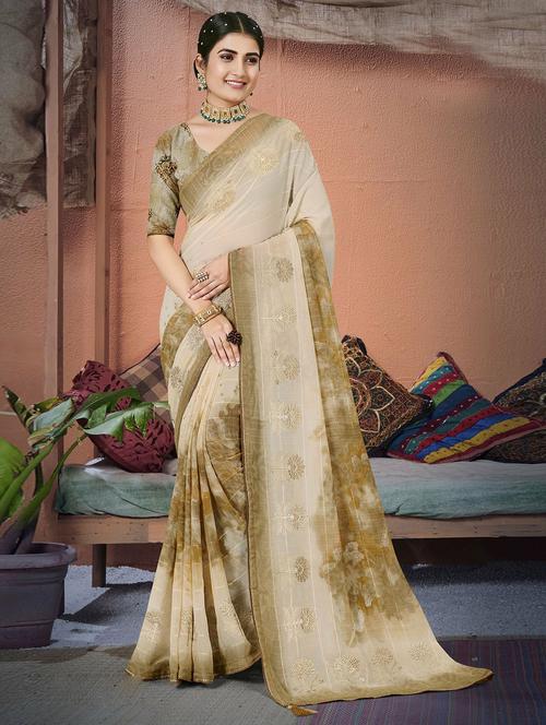 women beige & green embellished saree - 20586401 - Very Small Image - 1