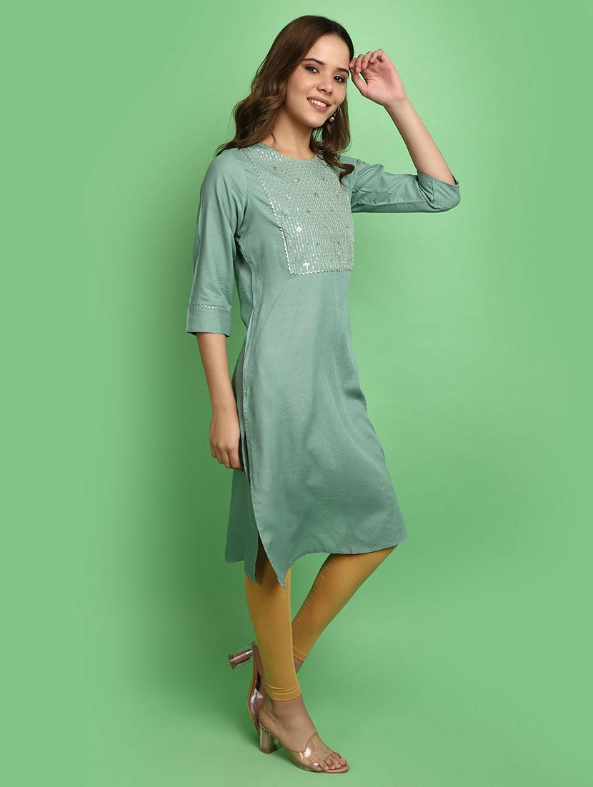 women green round neck straight kurta - 20590203 - Standard Image - 2